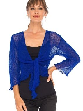 Kaktus Royal Blue Tie-Front Sheer Knit Shrug